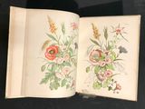 an open book with a drawing of flowers on it on a table