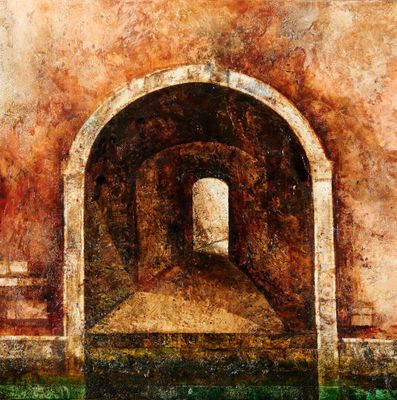 une peinture à l'huile représentant un bâtiment avec une porte au milieu