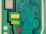 tableau représentant une femme avec un poisson sur fond vert, dans une pièce