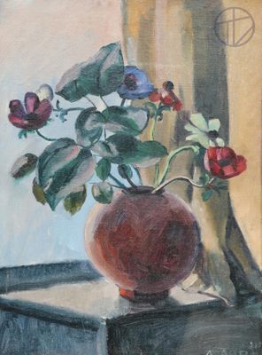 a painting of a vase with flowers in it on a table