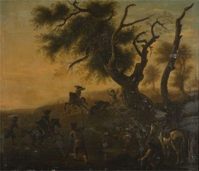an image of a painting of a man on a horse in a field