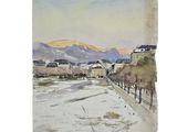 aquarelle représentant une vue d'une ville à la montagne