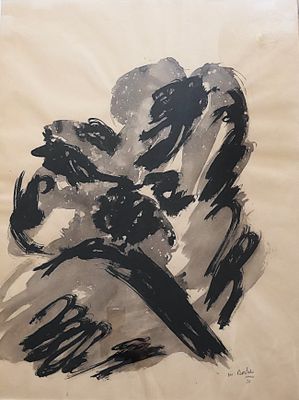 a black and white painting of a woman sitting on a chair