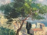 an image of a painting of a village by the sea
