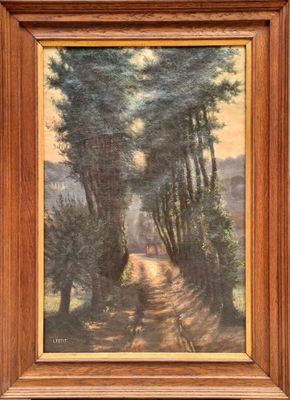an oil painting of a country road with trees and a house in the distance