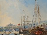 une peinture représentant un bateau dans l'eau avec d'autres bateaux dans l'eau