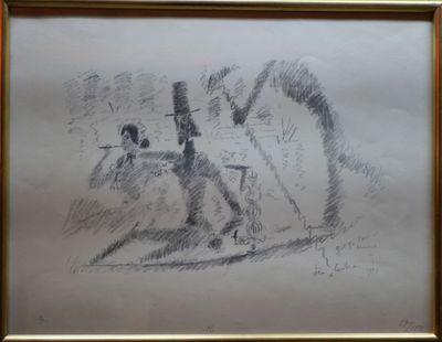 drawing of a cat sitting on a chair in a room