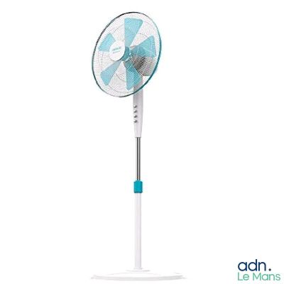 a white and blue fan sitting on top of a white stand