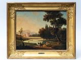 an oil painting of a landscape with a river and a castle in the distance