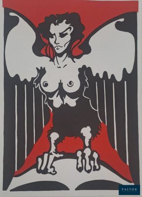 an image of a painting of a woman with wings on a red and black background