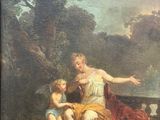 painting of a woman and child sitting on a bench in a wooded setting