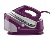 an image of a purple and silver steam iron on a white background