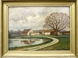 an oil painting of a farm scene with a pond in the foreground and a house in the background