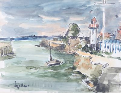 a watercolor painting of a lighthouse and a boat on the water