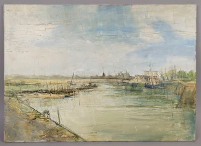 painting of a painting of a river with boats in the water