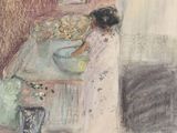 a painting of a woman sitting at a table in a room