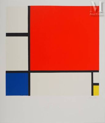 un tableau composé de carrés rouges, jaunes, bleus et noirs sur fond blanc