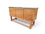 a wooden cabinet with a marble top on a white background