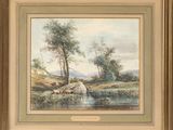 un tableau représentant une scène fluviale avec du bétail dans l'eau