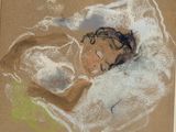 drawing of a child sleeping in a bed with a pillow