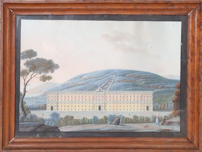 an old painting of a large building with a mountain in the background