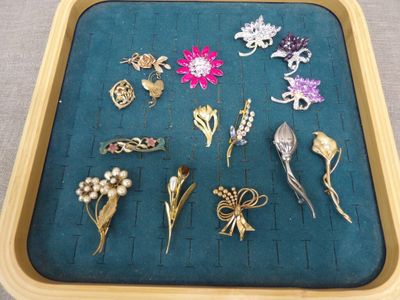 a tray that has a bunch of brooches on it
