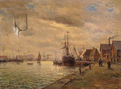 une peinture représentant une scène portuaire avec des bateaux sur l'eau