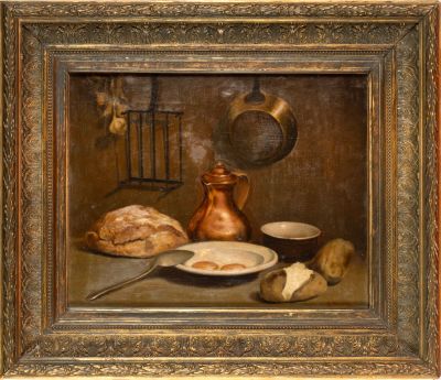 painting of a still life with bread, eggs, and a copper jug