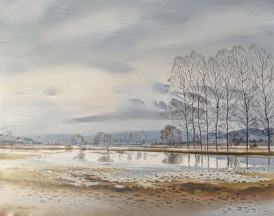 a painting of a landscape with trees in the water