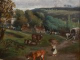 painting of a farm scene with cows and horses by a stream