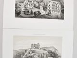 two black and white pictures of a castle on a hill