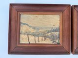 two framed paintings of a landscape with a bird flying over a field