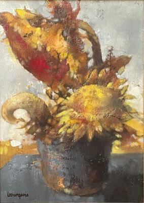 une peinture de tournesols dans un vase sur une table