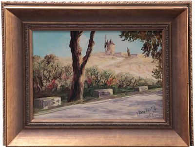 an oil painting of a road with a castle in the background