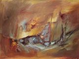une peinture à l'huile représentant un bateau sur un plan d'eau