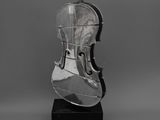 photographie en noir et blanc d'une sculpture représentant un violon posé sur un chevalet