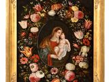 an image of a painting of a woman holding a child in a wreath of flowers