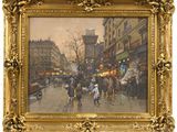 une image représentant un tableau d'une rue animée de la ville où des gens marchent