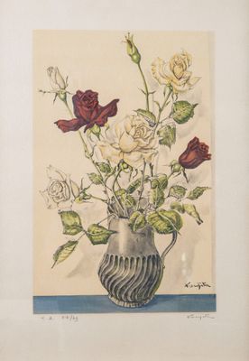 une peinture de roses dans un vase sur une table