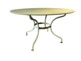 une image représentant une table ronde avec un piètement en métal et un plateau en bois