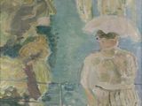 painting of a woman in a white dress and hat standing in front of a tree