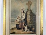 an old painting of a woman and a dog in a landscape