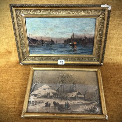 un tableau représentant un paysage hivernal et un autre représentant un village, tous deux dans un cadre doré