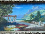 a painting of a woman walking down a path by the water