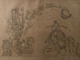 sketches of a drawing of a man on a horse and a group of people