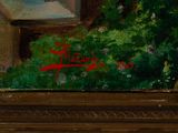 an oil painting of a cat sitting on a ledge in front of a window