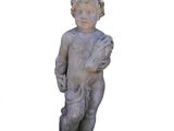 a statue of a boy holding a ball on a white background