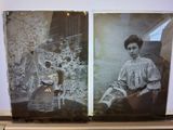 two black and white photos of a woman sitting in a chair