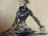 tableau représentant une femme assise sur un rocher, coiffée d'un chapeau