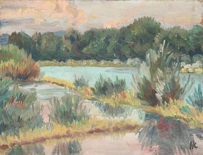 une peinture d'une rivière avec des arbres en arrière-plan